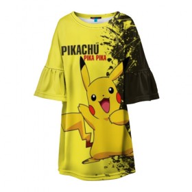 Детское платье 3D с принтом Pikachu Pika Pika в Петрозаводске, 100% полиэстер | прямой силуэт, чуть расширенный к низу. Круглая горловина, на рукавах — воланы | pika | pikachu | аниме | детская | детям | игры | молния | мышка | мышь | пика | пикачу | покемон | покемоны