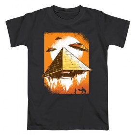 Мужская футболка хлопок с принтом Пришельцы и Пирамида в Петрозаводске, 100% хлопок | прямой крой, круглый вырез горловины, длина до линии бедер, слегка спущенное плечо. | 