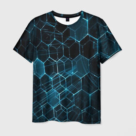 Мужская футболка 3D с принтом Броня в Петрозаводске, 100% полиэфир | прямой крой, круглый вырез горловины, длина до линии бедер | abstraction | geometry | hexagon | techno | абстракция | броня | геометрия | краски | неон | неоновый | сетка | соты | стальная броня | текстура | шестигранники