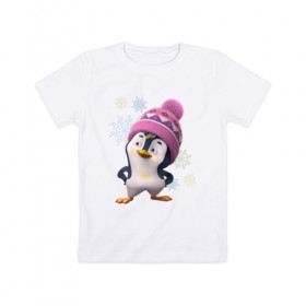 Детская футболка хлопок с принтом Пингвин и снежинки в Петрозаводске, 100% хлопок | круглый вырез горловины, полуприлегающий силуэт, длина до линии бедер | 