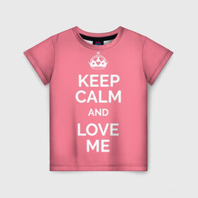 Детская футболка 3D с принтом Keep calm and love me в Петрозаводске, 100% гипоаллергенный полиэфир | прямой крой, круглый вырез горловины, длина до линии бедер, чуть спущенное плечо, ткань немного тянется | and | call | crown | girl | heart | keep calm | keyboard | lips | me | red | royal | slogan | text | valentines day | валентина | губы | девиз | девушка | день | и | клавиатура | клавиши | королевская | корона | красный | лозунг | люби | любовь | меня | н