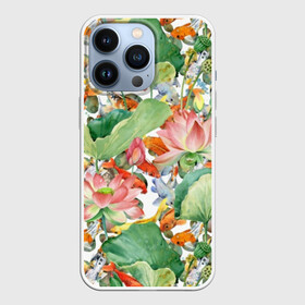 Чехол для iPhone 13 Pro с принтом Карпы кои в Петрозаводске,  |  | art | carps | fish | flower | gold | japanese | koi | leaves | lotus | painting | pattern | petals | pond | stems | water | вода | живопись | золотая | искусство | карпы | кои | лепестки | листья | лотос | пруд | рыбка | узор | цветок | японская