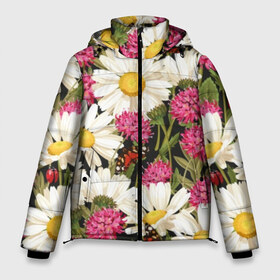 Мужская зимняя куртка 3D с принтом Луговые цветы в Петрозаводске, верх — 100% полиэстер; подкладка — 100% полиэстер; утеплитель — 100% полиэстер | длина ниже бедра, свободный силуэт Оверсайз. Есть воротник-стойка, отстегивающийся капюшон и ветрозащитная планка. 

Боковые карманы с листочкой на кнопках и внутренний карман на молнии. | Тематика изображения на принте: art | chamomile | field | flowers | leaves | meadow | painting | pattern | petals | stems | живопись | искусство | лепестки | листья | луговые | полевые | ромашки | узор | цветы