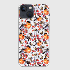 Чехол для iPhone 13 mini с принтом Снегири в Петрозаводске,  |  | art | berries | bullfinch | cocoons | cotton | nature | painting | plants | red | watercolor | winter birds | акварель | живопись | зимние | искусство | коконы | красные | природа | птицы | растения | снегири | хлопок | ягоды