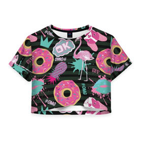 Женская футболка Cropp-top с принтом Пончики, мопсы и фламинго. в Петрозаводске, 100% полиэстер | круглая горловина, длина футболки до линии талии, рукава с отворотами | bird | blots | breed | crown | dog | donuts | flamingo | ici | kiss | lips | pastries | pineapple | pink | pug | splashes | stripes | sweet | ананас | брызги | выпечка | глазурь | губы | женские | кляксы | корона | мопс | отпечаток | полосы | пончики | по