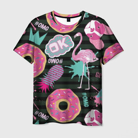 Мужская футболка 3D с принтом Пончики, мопсы и фламинго. в Петрозаводске, 100% полиэфир | прямой крой, круглый вырез горловины, длина до линии бедер | Тематика изображения на принте: bird | blots | breed | crown | dog | donuts | flamingo | ici | kiss | lips | pastries | pineapple | pink | pug | splashes | stripes | sweet | ананас | брызги | выпечка | глазурь | губы | женские | кляксы | корона | мопс | отпечаток | полосы | пончики | по