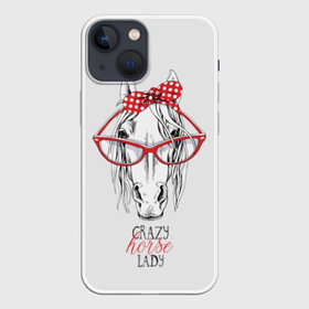 Чехол для iPhone 13 mini с принтом Crazy horse lady в Петрозаводске,  |  | animal | blonde | bow | crazy | cute | head | horse | lady | look | polka | portrait | red | white | бант | белая | белый | блондинка | взгляд | голова | горошек | животное | красный | леди | лошадь | милый | очки | портрет | сумасшедшая