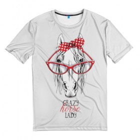 Мужская футболка 3D с принтом Crazy horse lady в Петрозаводске, 100% полиэфир | прямой крой, круглый вырез горловины, длина до линии бедер | animal | blonde | bow | crazy | cute | head | horse | lady | look | polka | portrait | red | white | бант | белая | белый | блондинка | взгляд | голова | горошек | животное | красный | леди | лошадь | милый | очки | портрет | сумасшедшая