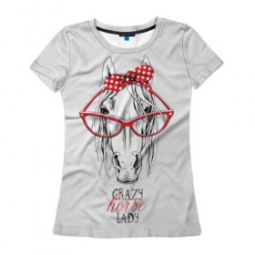 Женская футболка 3D с принтом Crazy horse lady в Петрозаводске, 100% полиэфир ( синтетическое хлопкоподобное полотно) | прямой крой, круглый вырез горловины, длина до линии бедер | animal | blonde | bow | crazy | cute | head | horse | lady | look | polka | portrait | red | white | бант | белая | белый | блондинка | взгляд | голова | горошек | животное | красный | леди | лошадь | милый | очки | портрет | сумасшедшая