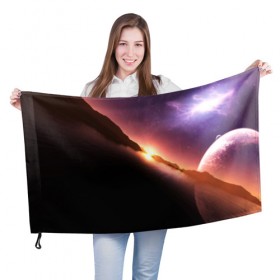 Флаг 3D с принтом Космический закат в Петрозаводске, 100% полиэстер | плотность ткани — 95 г/м2, размер — 67 х 109 см. Принт наносится с одной стороны | galaxy | nebula | space | star | абстракция | вселенная | галактика | звезда | звезды | космический | планеты