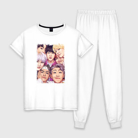 Женская пижама хлопок с принтом BTS в Петрозаводске, 100% хлопок | брюки и футболка прямого кроя, без карманов, на брюках мягкая резинка на поясе и по низу штанин | bangtan boys | bt21 | bts | bts army | bts stickers | j hope | jimin | jin | jungkook | k pop | rap monster | rapmon | suga | v | бтс | корея | стикеры bts