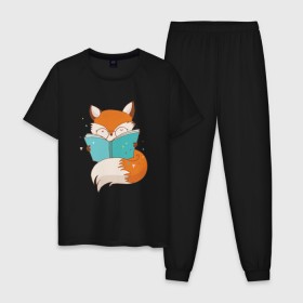Мужская пижама хлопок с принтом Лиса с книжкой в Петрозаводске, 100% хлопок | брюки и футболка прямого кроя, без карманов, на брюках мягкая резинка на поясе и по низу штанин
 | Тематика изображения на принте: fox | foxed | арт | лис | лиса | лисенок | лисичка | пушистик | рыжая | рыжмй хвост