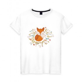 Женская футболка хлопок с принтом Лиса в цветах в Петрозаводске, 100% хлопок | прямой крой, круглый вырез горловины, длина до линии бедер, слегка спущенное плечо | fox | foxed | арт | лис | лиса | лисенок | лисичка | пушистик | рыжая | рыжмй хвост
