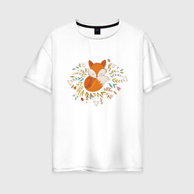 Женская футболка хлопок Oversize с принтом Лиса в цветах в Петрозаводске, 100% хлопок | свободный крой, круглый ворот, спущенный рукав, длина до линии бедер
 | fox | foxed | арт | лис | лиса | лисенок | лисичка | пушистик | рыжая | рыжмй хвост