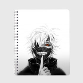 Тетрадь с принтом Kaneki Ken в Петрозаводске, 100% бумага | 48 листов, плотность листов — 60 г/м2, плотность картонной обложки — 250 г/м2. Листы скреплены сбоку удобной пружинной спиралью. Уголки страниц и обложки скругленные. Цвет линий — светло-серый
 | Тематика изображения на принте: anteiku | ghoul | kaneki | ken | tokyo | антейку | гуль | канеки | кен | токийский