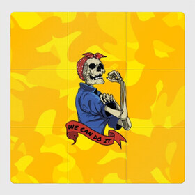 Магнитный плакат 3Х3 с принтом We can do it в Петрозаводске, Полимерный материал с магнитным слоем | 9 деталей размером 9*9 см | Тематика изображения на принте: fist | grin | jaw | kerchief | motto | retro | skeleton | skull | slogan | девиз | косынка | кулак | оскал | ретро | скелет | слоган | череп