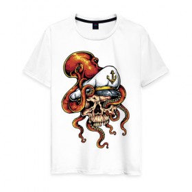 Мужская футболка хлопок с принтом Осьминог в Петрозаводске, 100% хлопок | прямой крой, круглый вырез горловины, длина до линии бедер, слегка спущенное плечо. | Тематика изображения на принте: anchor | octopus | peaked cap | skull | осьминог | фуражка | череп | якорь