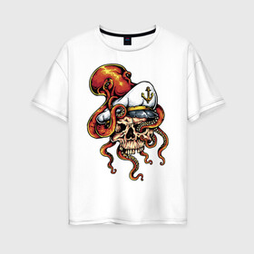 Женская футболка хлопок Oversize с принтом Осьминог в Петрозаводске, 100% хлопок | свободный крой, круглый ворот, спущенный рукав, длина до линии бедер
 | anchor | octopus | peaked cap | skull | осьминог | фуражка | череп | якорь