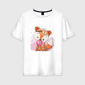 Женская футболка хлопок Oversize с принтом Милая лисичка с жвачкой в Петрозаводске, 100% хлопок | свободный крой, круглый ворот, спущенный рукав, длина до линии бедер
 | fox | foxed | арт | лис | лиса | лисенок | лисичка | пушистик | рыжая | рыжмй хвост