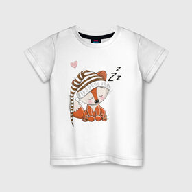 Детская футболка хлопок с принтом Сонный лисенок в Петрозаводске, 100% хлопок | круглый вырез горловины, полуприлегающий силуэт, длина до линии бедер | fox | foxed | арт | лис | лиса | лисенок | лисичка | пушистик | рыжая | рыжмй хвост