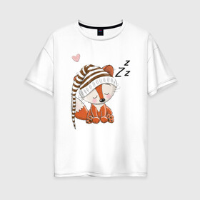 Женская футболка хлопок Oversize с принтом Сонный лисенок в Петрозаводске, 100% хлопок | свободный крой, круглый ворот, спущенный рукав, длина до линии бедер
 | fox | foxed | арт | лис | лиса | лисенок | лисичка | пушистик | рыжая | рыжмй хвост