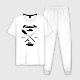 Мужская пижама хлопок с принтом лига рыбалки в Петрозаводске, 100% хлопок | брюки и футболка прямого кроя, без карманов, на брюках мягкая резинка на поясе и по низу штанин
 | прикольная футболка рыбалка | футболка рыбалка купить | футболки +для рыбалки | футболки +с надписями про рыбалку | футболки мужские рыбалка | футболки про рыбалку