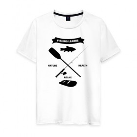 Мужская футболка хлопок с принтом лига рыбалки в Петрозаводске, 100% хлопок | прямой крой, круглый вырез горловины, длина до линии бедер, слегка спущенное плечо. | прикольная футболка рыбалка | футболка рыбалка купить | футболки +для рыбалки | футболки +с надписями про рыбалку | футболки мужские рыбалка | футболки про рыбалку