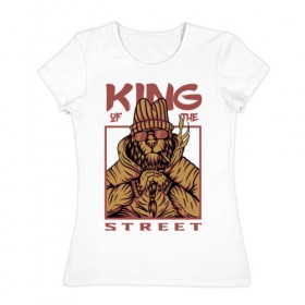 Женская футболка хлопок с принтом King of the street в Петрозаводске, 100% хлопок | прямой крой, круглый вырез горловины, длина до линии бедер, слегка спущенное плечо | king | животные | звери | король | король улиц | кот | кошка | кошки | лев | природа | улица