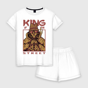 Женская пижама с шортиками хлопок с принтом King of the street в Петрозаводске, 100% хлопок | футболка прямого кроя, шорты свободные с широкой мягкой резинкой | king | животные | звери | король | король улиц | кот | кошка | кошки | лев | природа | улица