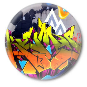 Значок с принтом НЕОНОВОЕ ГРАФФИТИ в Петрозаводске,  металл | круглая форма, металлическая застежка в виде булавки | grafiti | paint | street art | urban | город | граффити | искусство | кирпичи | краски | рисунки | стена | улицы | уличное искусство