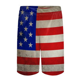 Детские спортивные шорты 3D с принтом Американский флаг в Петрозаводске,  100% полиэстер
 | пояс оформлен широкой мягкой резинкой, ткань тянется
 | usa | абстракция | америка | американский | герб | звезды | краска | символика сша | страны | сша | флаг | штаты