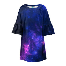 Детское платье 3D с принтом Неоновый космос в Петрозаводске, 100% полиэстер | прямой силуэт, чуть расширенный к низу. Круглая горловина, на рукавах — воланы | Тематика изображения на принте: galaxy | nebula | space | star | абстракция | вселенная | галактика | звезда | звезды | космический | планеты