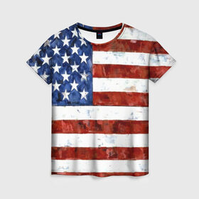 Женская футболка 3D с принтом США ФЛАГ в Петрозаводске, 100% полиэфир ( синтетическое хлопкоподобное полотно) | прямой крой, круглый вырез горловины, длина до линии бедер | usa | абстракция | америка | американский | герб | звезды | краска | символика сша | страны | сша | флаг | штаты