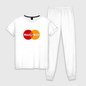 Женская пижама хлопок с принтом MasturBate в Петрозаводске, 100% хлопок | брюки и футболка прямого кроя, без карманов, на брюках мягкая резинка на поясе и по низу штанин | mastercard | принт | принт на футболке | футболка с принтом