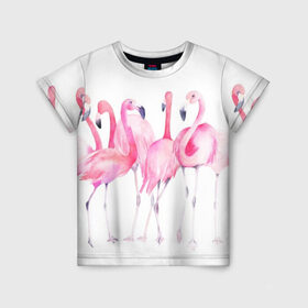 Детская футболка 3D с принтом Фламинго в Петрозаводске, 100% гипоаллергенный полиэфир | прямой крой, круглый вырез горловины, длина до линии бедер, чуть спущенное плечо, ткань немного тянется | art | birds | flamingo | flock | illustration | pink | summer | watercolor | акварель | иллюстрация | искусство | лето | птицы | розовый | стая | фламинго