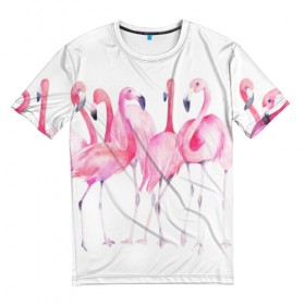 Мужская футболка 3D с принтом Фламинго в Петрозаводске, 100% полиэфир | прямой крой, круглый вырез горловины, длина до линии бедер | art | birds | flamingo | flock | illustration | pink | summer | watercolor | акварель | иллюстрация | искусство | лето | птицы | розовый | стая | фламинго