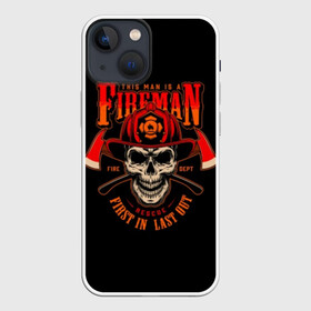 Чехол для iPhone 13 mini с принтом Пожарный в Петрозаводске,  |  | axes | crossed | emblem | fire | fireman | helmet | red | retro | skull | vintage | каска | красные | огонь | пожарный | рэтро | скрещенные | старинная | топоры | череп | эмблема