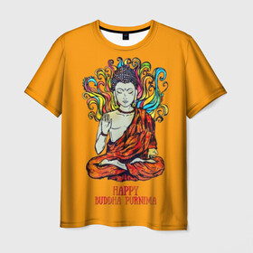 Мужская футболка 3D с принтом Happy Buddha Purnima в Петрозаводске, 100% полиэфир | прямой крой, круглый вырез горловины, длина до линии бедер | Тематика изображения на принте: buddha | golden | happy | indian | kesa | lotus | monk | orange | ornament | pattern | pose | religion | shakyamuni | spiritual | te | будда | буддизм | духовный | золотой | индийский | кашая | кэса | лотос | оранжевый | орнамент | основатель | по
