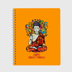 Тетрадь с принтом Happy Buddha Purnima в Петрозаводске, 100% бумага | 48 листов, плотность листов — 60 г/м2, плотность картонной обложки — 250 г/м2. Листы скреплены сбоку удобной пружинной спиралью. Уголки страниц и обложки скругленные. Цвет линий — светло-серый
 | buddha | golden | happy | indian | kesa | lotus | monk | orange | ornament | pattern | pose | religion | shakyamuni | spiritual | te | будда | буддизм | духовный | золотой | индийский | кашая | кэса | лотос | оранжевый | орнамент | основатель | по