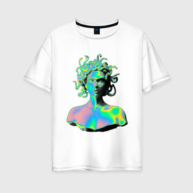 Женская футболка хлопок Oversize с принтом Gorgon Medusa в Петрозаводске, 100% хлопок | свободный крой, круглый ворот, спущенный рукав, длина до линии бедер
 | gorgon medusa | бог | богиня | горгона медуза | змеи | змея | камень | необычно | статуя