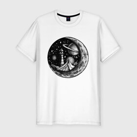 Мужская футболка премиум с принтом космос в Петрозаводске, 92% хлопок, 8% лайкра | приталенный силуэт, круглый вырез ворота, длина до линии бедра, короткий рукав | астрономия | вселенная | галактика | графика | звезды | инопланетяне | космос | луна | нло