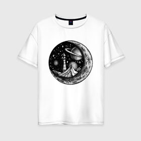 Женская футболка хлопок Oversize с принтом космос в Петрозаводске, 100% хлопок | свободный крой, круглый ворот, спущенный рукав, длина до линии бедер
 | астрономия | вселенная | галактика | графика | звезды | инопланетяне | космос | луна | нло
