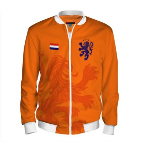 Мужской бомбер 3D с принтом Сборная Голландии в Петрозаводске, 100% полиэстер | застегивается на молнию, по бокам два кармана без застежек, по низу бомбера и на воротнике - эластичная резинка | Тематика изображения на принте: holland | nederland | netherlands | голландия | нидерланды | сборная голландии | сборная голландии по футболу | сборная нидерландов | форма | футбольные сборные | чемпионат
