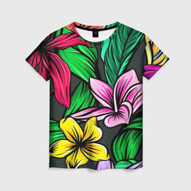 Женская футболка 3D с принтом тропики в Петрозаводске, 100% полиэфир ( синтетическое хлопкоподобное полотно) | прямой крой, круглый вырез горловины, длина до линии бедер | джунгли | листья | цветы | яркость
