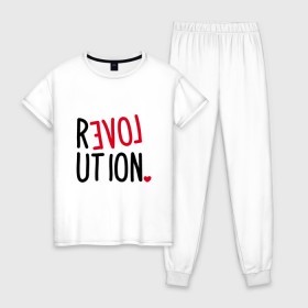 Женская пижама хлопок с принтом Love Revolution в Петрозаводске, 100% хлопок | брюки и футболка прямого кроя, без карманов, на брюках мягкая резинка на поясе и по низу штанин | Тематика изображения на принте: 