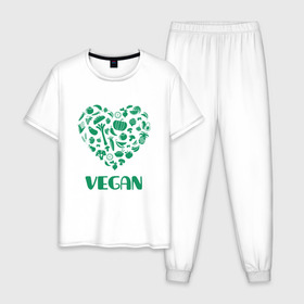 Мужская пижама хлопок с принтом Vegan в Петрозаводске, 100% хлопок | брюки и футболка прямого кроя, без карманов, на брюках мягкая резинка на поясе и по низу штанин
 | Тематика изображения на принте: earth | green | greenpaece | nature | sport | vegan | world | yoga | веган | вегетарианец | гринпис | дерево | еда | животные | жизнь | здоровье | зеленый | йога | лес | любовь | мир | овощи | пища | планета | природа | растение