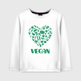 Детский лонгслив хлопок с принтом Vegan в Петрозаводске, 100% хлопок | круглый вырез горловины, полуприлегающий силуэт, длина до линии бедер | Тематика изображения на принте: earth | green | greenpaece | nature | sport | vegan | world | yoga | веган | вегетарианец | гринпис | дерево | еда | животные | жизнь | здоровье | зеленый | йога | лес | любовь | мир | овощи | пища | планета | природа | растение