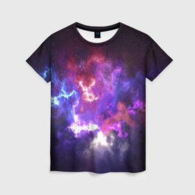Женская футболка 3D с принтом Космос в Петрозаводске, 100% полиэфир ( синтетическое хлопкоподобное полотно) | прямой крой, круглый вырез горловины, длина до линии бедер | galaxy | nebula | space | star | абстракция | вселенная | галактика | звезда | звезды | космический | планеты