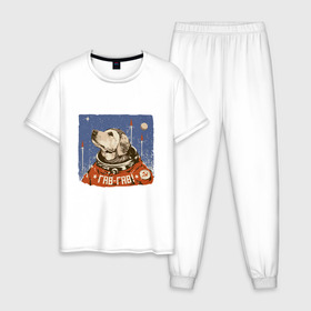 Мужская пижама хлопок с принтом Гав - Гав в Петрозаводске, 100% хлопок | брюки и футболка прямого кроя, без карманов, на брюках мягкая резинка на поясе и по низу штанин
 | alien | dog | earth | express | futurama | moon | planet | space | world | астронавт | боксер | волк | долматинец | звезда | земля | инопланетянин | йорк | космонавт | космос | луна | марс | мир | наса | нло | ночь | овчарка | песик