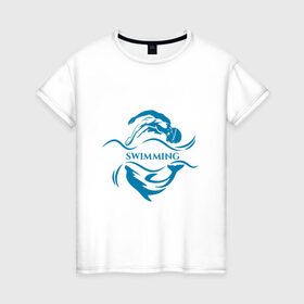 Женская футболка хлопок с принтом Плавание в Петрозаводске, 100% хлопок | прямой крой, круглый вырез горловины, длина до линии бедер, слегка спущенное плечо | бассейн | вода | волна | дельфин | плавание | пловец